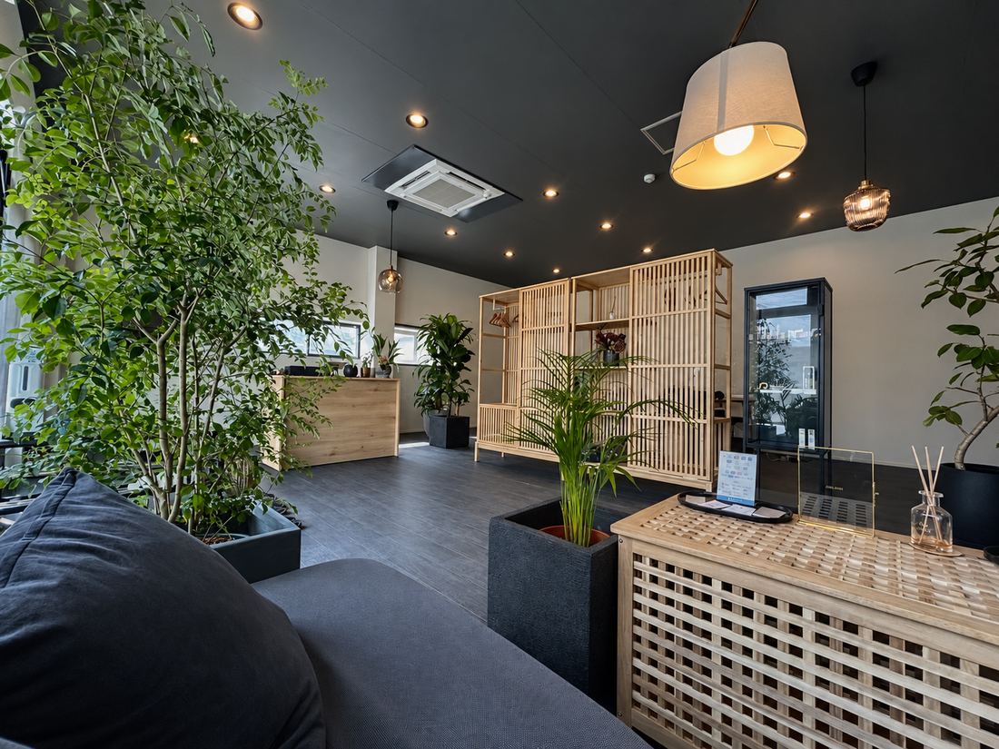 大きな観葉植物とペンダントライトのある店内
